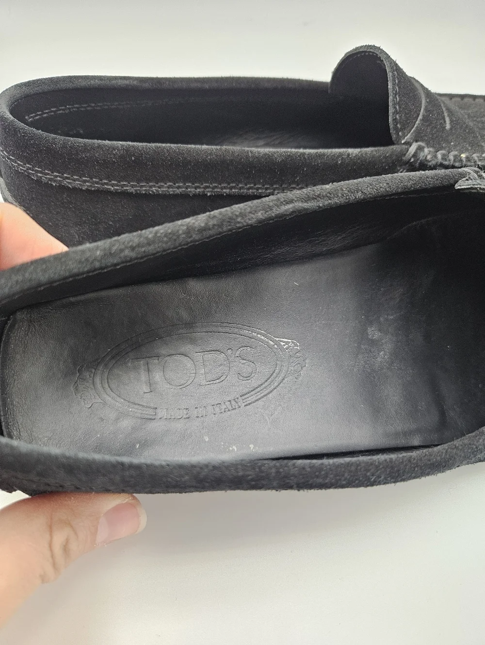 Tod's black suede Gommino driving shoes penny loafer size 37.5